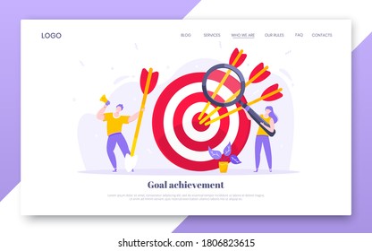 Goal achievement business concept sport target icon and arrow in the bullseye. Tiny people with magnifier vector web landing page template flat style design illustration.