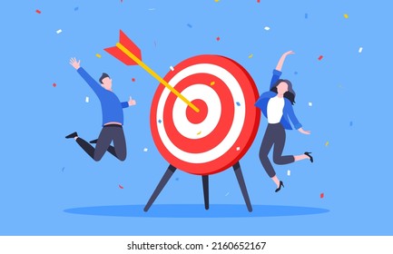 Goal achievement business concept sport target icon and arrow in the bullseye. Happy people jump in the air near giant target flat style design vector illustration.