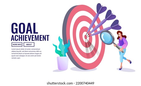 Goal achievement business concept sport target icon and arrow in the bullseye. Tiny people with magnifier glass. development and research. Vector flat style design illustration.