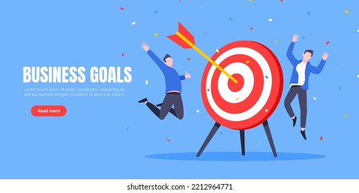 Goal achievement business concept sport target icon and arrow in the bullseye. Happy people jump in the air near giant target flat style design vector illustration.