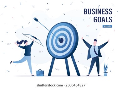 Goal achievement, business target, concept. Successful completion of task or mission, achieving goals, overcoming obstacles. Happy business people jump near huge target and arrow in bullseye. vector