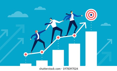 Goal achievement. Business team running to target. Coworkers helping each other achieve goals. Career growth, partnership, teamwork vector concept. Team going along graph bar to aim