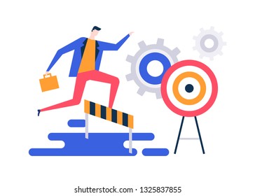 Goal achievement - colorful flat design style illustration on white background. Unusual composition with a businessman jumping over obstacles, hurdles on the way to the target overcoming difficulties