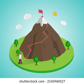 Goal achievement concept. 3d isometric road to target on the mountain top vector illustration. Success and career growth. Climb to the peak of mountain