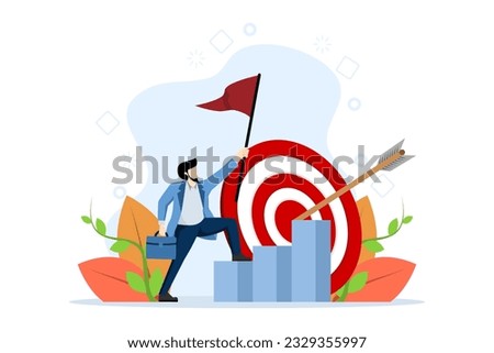 Goal achievement concept. Aim for goals and increase motivation. confident businessman with flag rising to target. Creative success. Flat Vector Illustration on a white background.