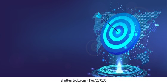 Goal achievement concept. Business banner template with 3D Goal, hologram and world map. Target for darts with an arrow to the bull's eye. Success, achievement, precision. Vector illustration victory