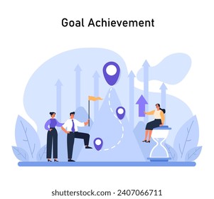 Goal Achievement concept. Dedicated team stands triumphantly amidst rising arrows, marking progress and mastery during the onboarding journey. Flat vector illustration.