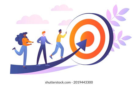 Goal achievement concept with diverse multiracial people reaching the goal. Abstract metaphor. Flat cartoon vector illustration