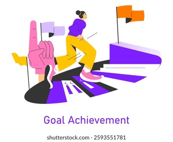 Goal achievement concept. The illustration captures the essence of striving toward objectives through running and determination. It showcases a character moving forward, flags representing milestones