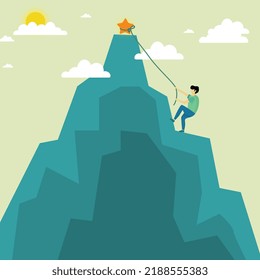 Goal Achievement Concept. Men Are Climbing Mountains To Reach For The Stars On The Mountain, As The Pinnacle Of Career Victory And Achievement Of Targets. Flat Vector Illustration.