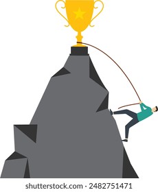 goal achievement concept. Men are climbing mountains to reach for the stars on the mountain, as the pinnacle of career Victory and achievement of targets. Flat vector illustration.