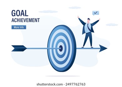 Goal achievement. Confident businessman hitting target with arrow. Target marketing concept. Business objective, purpose, resolution to aim for success, aspiration and motivation to achieve goal.