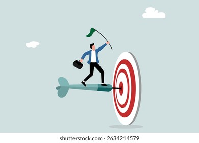 Meta alcançada. Empreendedor confiante está à altura de alcançar metas. Conceito de marketing de destino. Objetivos de negócios, intenções, resoluções para alcançar o sucesso.