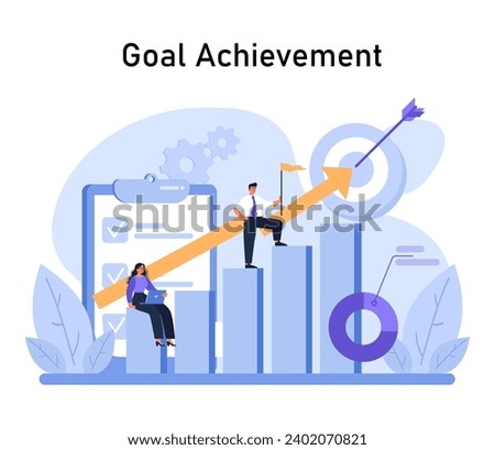 Goal Achievement emphasized. A man triumphantly reaches a peak with a flag, while a woman analyzes on a laptop. Graphs and checklists represent progress tracking. Flat vector.