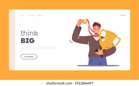 Goal Achievement, Financial Wealth Landing Page Template. Successful Businessman Character with Gold Goblet in Hand and Golden Medal Celebrate Victory Business Man Winner. Cartoon Vector Illustration