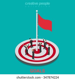 Goal achievement flag rising flat 3d isometry isometric business concept web vector illustration. Businessmen flagpole flagstaff target aim field. Creative people collection.