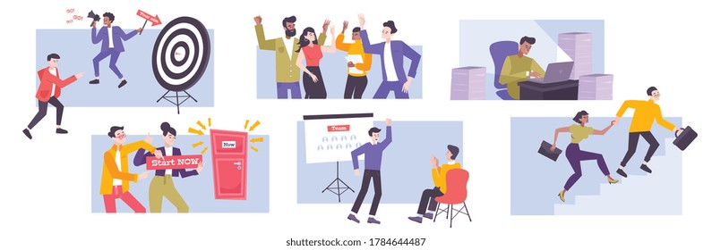 Goal achievement flat compositions  with people attending business lectures and used help of professional coaches isolated vector illustration   