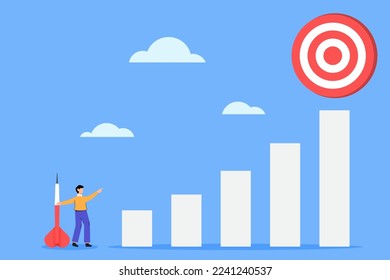 Goal achievement flat design. Achieving life goals. Marketing targeting concept. Man with a dart and dart board on top of a graph stair. vector illustration.