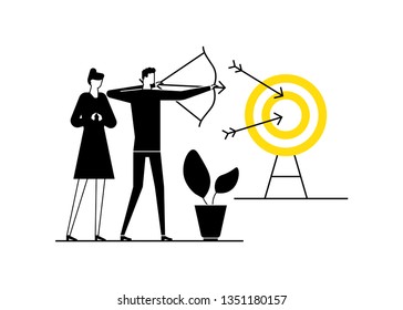 Goal achievement - flat design style vector illustration. Black, white and yellow composition with businessman and businesswoman with a bow and arrow, hitting the target, competing. Leadership concept