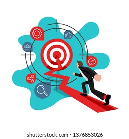 Goal achievement, hitting the target and succesful management business concept - vector illustration with businessman, direction arrow, aim with target and scattered management icons around