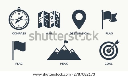 Goal achievement icons set includes compass map destination flags peak aim for business strategies and success planning