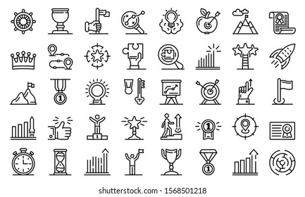 Goal achievement icons set. Outline set of goal achievement vector icons for web design isolated on white background