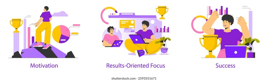 Goal achievement illustrated through motivation, focused strategies, and successful outcomes. Visual representation of progress, dedication, and the celebration of milestones in personal and