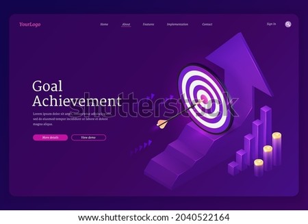 Goal achievement isometric landing page. Business target strategy, arrow stuck in center of shooting aim and growing graphs. Financial success, entrepreneurship, grow market 3d vector web banner