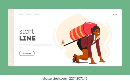 Goal Achievement Landing Page Template. Happy Business Woman Ready for Career Boost with Petard on Back with Burning Fuse. Character Reach New Level of Working Success. Cartoon Vector Illustration