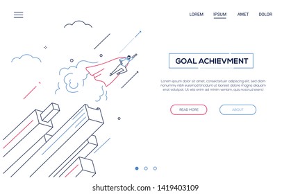 Goal achievement - line design style isometric web banner on white background with copy space for text. A header with businessman in a superhero cape flying. Leadership, motivation, ambition theme