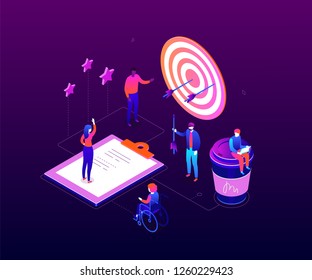 Goal achievement - modern colorful isometric vector illustration on purple background. High quality composition with business team, male, female colleagues hitting the target, coffee cup, workpad