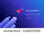 Goal achievement - modern isometric vector web banner on dark blue background. High quality composition with businessman in a superhero cape flying. Leadership, motivation, ambition concept