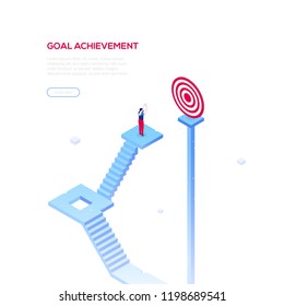 Goal achievement - modern isometric vector web banner on white background with copy space for text. High quality composition with businessman standing on the staircase, aiming the target with a bow