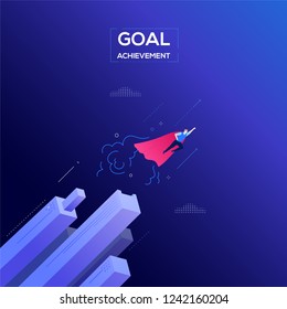 Goal achievement - modern isometric vector web banner on dark blue background. High quality composition with businessman in a superhero cape flying. Leadership, motivation, ambition concept