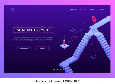 Goal achievement - modern isometric vector website header on purple background with copy space for text. High quality composition with businessman looking at the target, geo tag, image of staircase