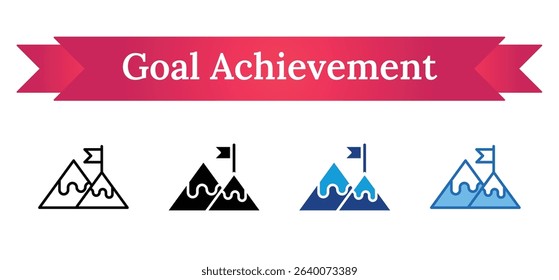 Goal Achievement Multi Style - Mountain peak with flag symbolizing goal achievement, ambition, and success