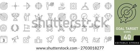 Goal and achievement outline icon set with mission, success, medal, reward, aim, target, trophy, and celebration symbols. Editable stroke vector for business and motivation themes.