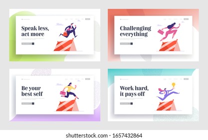 Goal Achievement, Path to Success Website Landing Page Set. Businesspeople Run Obstacle Race Competition Jumping over Barriers, Leadership Challenge Web Page Banner. Cartoon Flat Vector Illustration