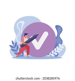 Goal achievement planning checklist flat composition with man holding pencil and tick image vector illustration