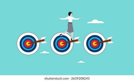 goal achievement process, strategy or effort to reach one target to the next, businesswoman walking past a dart board to another dart board to achieve all business target
