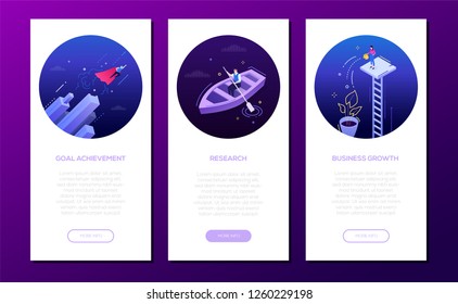 Goal achievement - set of isometric vector vertical web banners on purple background with copy space for text. Situations with businessman, businesswoman. Research, business growth, motivation concept