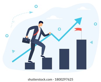 Goal achievement and success concept with businessman climbing steps on an ascending chart, colored vector illustration