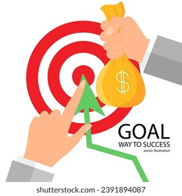 Goal achievement. Successful way up to goal. Ambition business. Path chart to target. Businesswoman to top graph. A lot of money. Aspiration to victory. Vector illustration flat design.