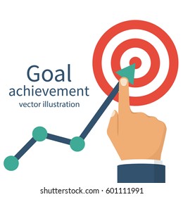 Goal achievement. Successful way up to goal. Ambition business. Path chart to target. Vector illustration flat design. Isolated on white background. Businessman to top graph. Aspiration to victory
