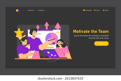 Goal achievement in team dynamics illustrated. A group collaborates around charts and digital tools, fostering motivation and unity. Ideal for content on teamwork and productivity. Vector illustration