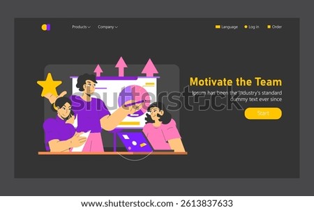 Goal achievement in team dynamics illustrated. A group collaborates around charts and digital tools, fostering motivation and unity. Ideal for content on teamwork and productivity. Vector illustration