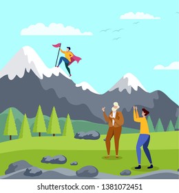 Goal Achievement and Team Support Metaphor Flat Vector Cartoon Illustration Super Man in Cloak Leader on Mountain Top Putting Flag People Team Relatives Supporting Greeting Friend Partner Forest Rocks