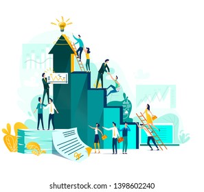 Goal achievement and teamwork business concept, career growth and cooperation for development of project, idea vector flat cartoon illustration. Ladder of success and climbing people, company staff