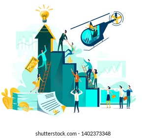 Goal achievement and teamwork businessvector concept, career growth and cooperation for development of project, idea, leader with loudspeaker in flying helicopter. Ladder of success, climbing people