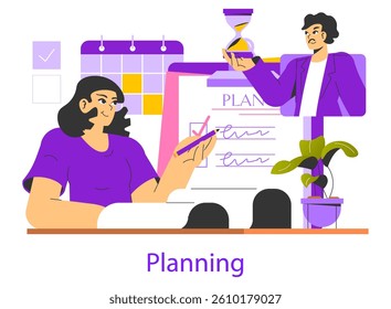 Goal achievement through effective planning plays a crucial role in individual success. The process includes setting clear objectives, creating timelines, and analyzing progress. Vector illustration.
